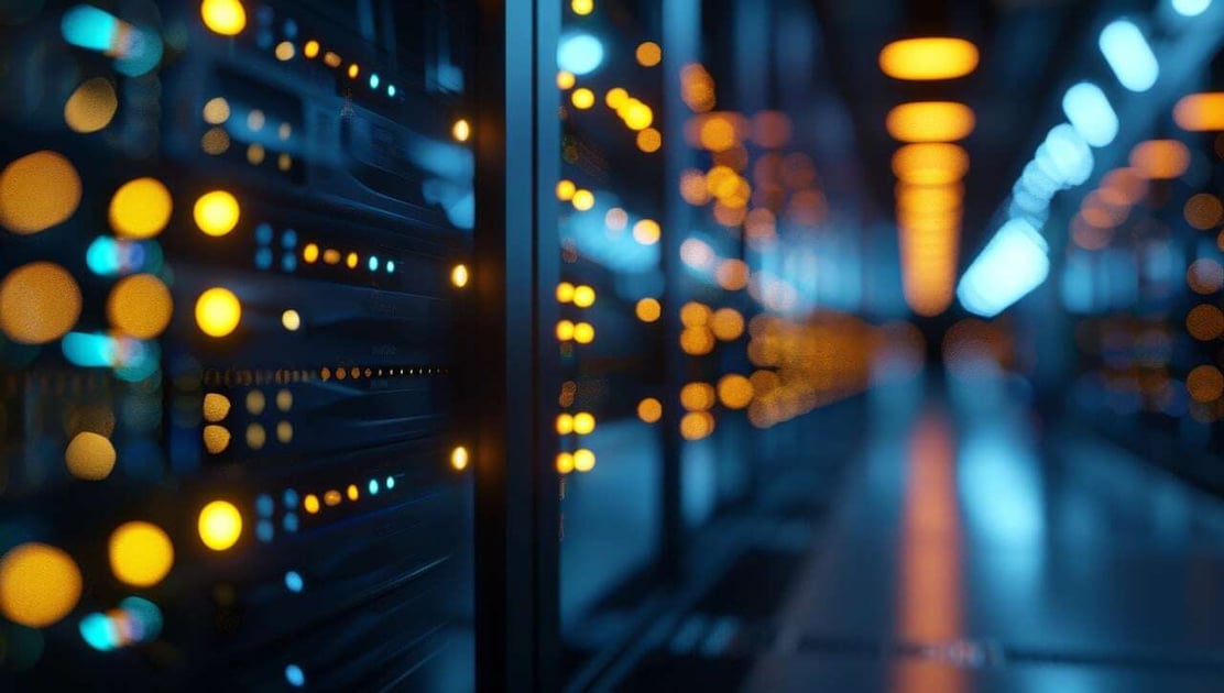 A row of servers in a dimly lit room